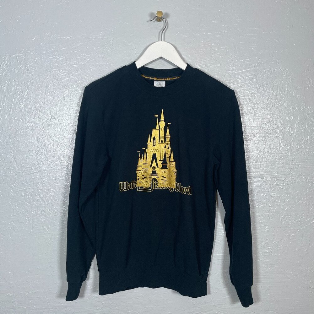 Walt Disney World Women XS Black Gold Castle Crewneck Sweatshirt Long Sleeve